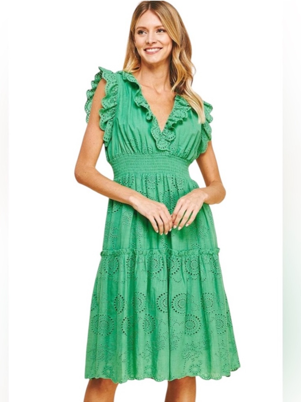 Pinch Green Eyelet Ruffle Midi Dress